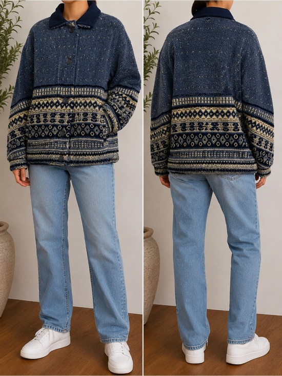 Vintage Other - Marshlands Canada Nordic Fleece Jacket M – Blue Fair Isle Winter Button-Up